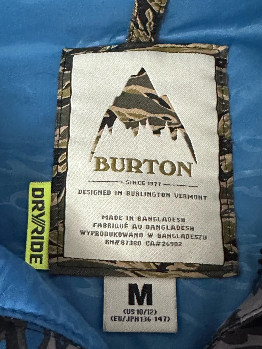 Burton Boy's Fray Jacket Dry Ride Blue Gray Camo Snow Ski Size 10/12 Medium